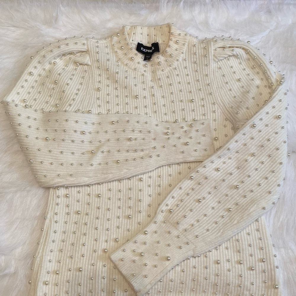 Express Cream Pearl Embellished Sweater